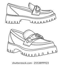 Women's Slip On Loafers Casual Shoes with accessories on top Line art, Technical sketch hand drawing outline vector doodle side 3D isometric view isolated on white background for coloring page