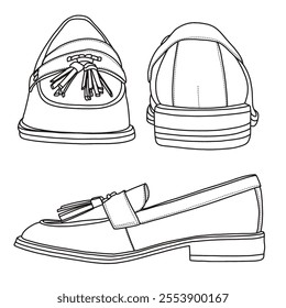 Women's Slip On Loafers Casual Shoes with tie accessories on top Line art, Technical sketch hand drawing outline vector doodle various view isolated on white background for coloring page