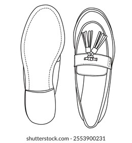 Women's Slip On Loafers Casual Shoes with tie accessories on top Line art, Technical sketch hand drawing outline vector doodle top and bottom view isolated on white background for coloring page