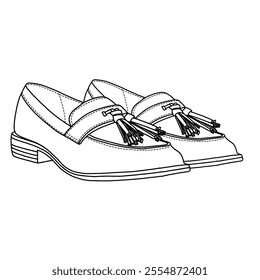 Women's Slip On Loafers Casual Shoes with tie accessories on top Line art, Technical sketch hand drawing outline vector doodle isometric 3D view isolated on white background for coloring page