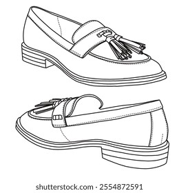 Women's Slip On Loafers Casual Shoes with tie accessories on top Line art, Technical sketch hand drawing outline vector doodle isometric 3D and rear view isolated on white background for coloring page