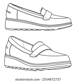 Women's Slip On Loafers Casual Shoes Line art, Technical sketch hand drawing outline vector doodle isometric 3D and side view isolated on white background for coloring page