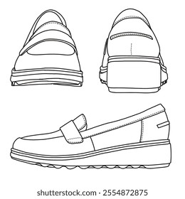 Women's Slip On Loafers Casual Shoes Line art, Technical sketch hand drawing outline vector doodle various view isolated on white background for coloring page