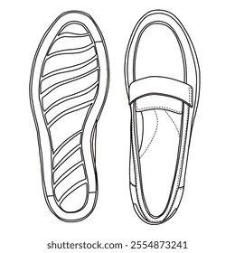 Women's Slip On Loafers Casual Shoes Line art, Technical sketch hand drawing outline vector doodle top and bottom view isolated on white background for coloring page