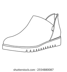 Women's Slip On Loafers Casual Shoes with rear zipper Line art, Technical sketch hand drawing outline vector doodle 3D Isometric view isolated on white background for coloring page