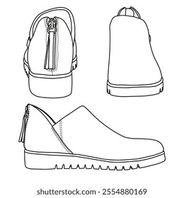 Women's Slip On Loafers Casual Shoes with rear zipper Line art, Technical sketch hand drawing outline vector doodle various view isolated on white background for coloring page