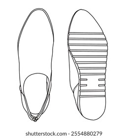 Women's Slip On Loafers Casual Shoes with rear zipper Line art, Technical sketch hand drawing outline vector doodle top and bottom view isolated on white background for coloring page