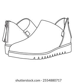 Women's Slip On Loafers Casual Shoes with rear zipper Line art, Technical sketch hand drawing outline vector doodle side and rear view isolated on white background for coloring page