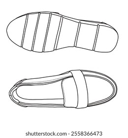 Women's Slip On Loafers Comfort Memory Foam Dress Shoes Line art, Technical sketch hand drawing outline vector doodle top and bottom view isolated on white background for coloring page