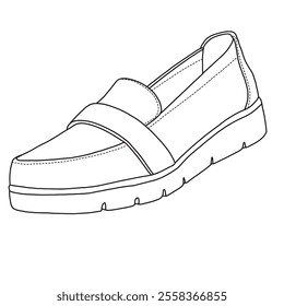 Women's Slip On Loafers Comfort Memory Foam Dress Shoes Line art, Technical sketch hand drawing outline vector doodle side isometric view isolated on white background for coloring page