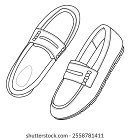 Women's Slip On Loafers Comfortable Work Flats Casual Walking Shoes Line art, Technical sketch hand drawing outline vector doodle side and top view isolated on white background for coloring page