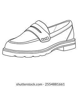 Women's Slip On Loafers Flat Casual Shoes Line art, Technical sketch hand drawing outline vector doodle side 3D Isometric view isolated on white background for coloring page