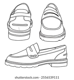 Women's Slip On Loafers Flat Casual Shoes Line art, Technical sketch hand drawing outline vector doodle various view isolated on white background for coloring page