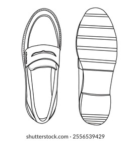 Women's Slip On Loafers Flat Casual Shoes Line art, Technical sketch hand drawing outline vector doodle top and bottom view isolated on white background for coloring page