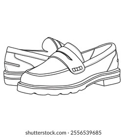 Women's Slip On Loafers Flat Casual Shoes Line art, Technical sketch hand drawing outline vector doodle side and rear view isolated on white background for coloring page