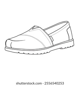 Women's Slip On Loafers Flat Shoes Line art, Technical sketch hand drawing outline vector doodle 3D side Isometric view isolated on white background for coloring page