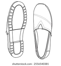 Women's Slip On Loafers Flat Shoes Line art, Technical sketch hand drawing outline vector doodle top and bottom view isolated on white background for coloring page