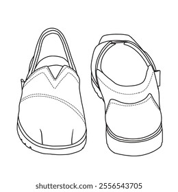 Women's Slip On Loafers Flat Shoes Line art, Technical sketch hand drawing outline vector doodle front and rear view isolated on white background for coloring page