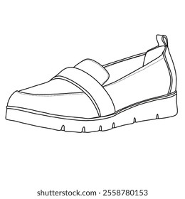 Women's Slip On Loafers with Memory Foam Dress Shoes Line art, Technical sketch hand drawing outline vector doodle 3D Side isometric view isolated on white background for coloring page