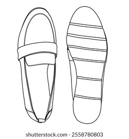 Women's Slip On Loafers with Memory Foam Dress Shoes Line art, Technical sketch hand drawing outline vector doodle top and bottom view isolated on white background for coloring page