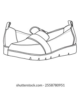 Women's Slip On Loafers with Memory Foam Dress Shoes Line art, Technical sketch hand drawing outline vector doodle side and rear view isolated on white background for coloring page