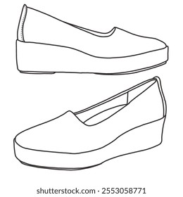 Slip On Lug Sole Loafers, Business Casual Shoes Line arte, Esboço técnico mão desenho contorno vetor doodle lado isométrico 3D vista isolada no fundo branco para coloração página