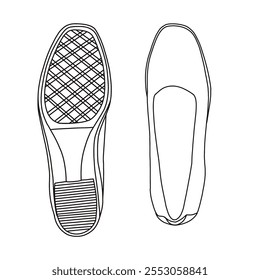 Deslizamiento de las mujeres en los mocasines de la suela del lug, zapatos casuales del negocio Arte de línea, bosquejo técnico dibujando a mano el contorno del doodle del Vector Vista inferior y superior aislada en el fondo blanco para colorear la página