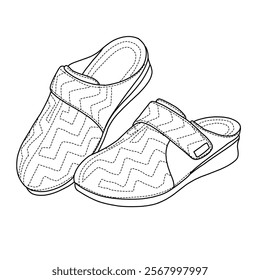 Women's Slip on Mules Comfortable Casual Shoes with Adjustable Instep line art, Technical sketch hand drawing outline vector doodle side isometric view isolated on white background for coloring page