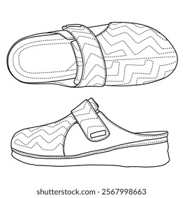 Women's Slip on Mules Comfortable Casual Shoes with Adjustable Instep line art, Technical sketch hand drawing outline vector doodle top and side view isolated on white background for coloring page