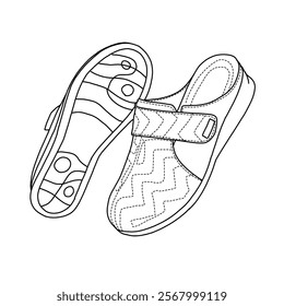 Women's Slip on Mules Comfortable Casual Shoes with Adjustable Instep line art, Technical sketch hand drawing outline vector doodle side and bottom view isolated on white background for coloring page