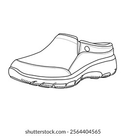 Women's Slip on Mules Sneakers Comfortable Walking Shoes Line art, Technical sketch hand drawing outline vector doodle side 3D Isometric view isolated on white background for coloring page