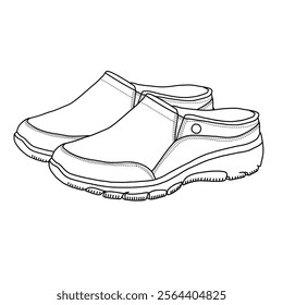 Women's Slip on Mules Sneakers Comfortable Walking Shoes Line art, Technical sketch hand drawing outline vector doodle pairs side 3D Isometric view isolated on white background for coloring page