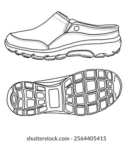 Women's Slip on Mules Sneakers Comfortable Walking Shoes Line art, Technical sketch hand drawing outline vector doodle pairs side and bottom view isolated on white background for coloring page