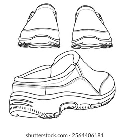 Women's Slip on Mules Sneakers Comfortable Walking Shoes Line art, Technical sketch hand drawing outline vector doodle front and rear view isolated on white background for coloring page