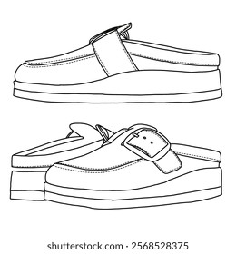 Women's Slip on Mules with strap line art, Technical sketch hand drawing outline vector doodle side view isolated on white background for coloring page