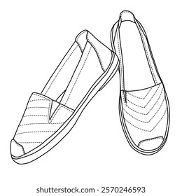 Women's Slip On Shoe Espadrilles Style line art, Technical sketch hand drawing outline vector doodle side and front view isolated on white background for coloring page