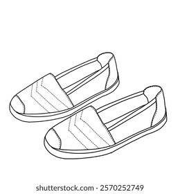 Women's Slip On Shoe Espadrilles Style line art, Technical sketch hand drawing outline vector doodle pair side isometric view isolated on white background for coloring page