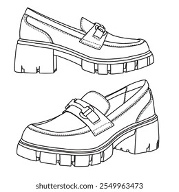 Slip On Shoes Plataforma Thick Confortable loafers Sapatos Line art, esboço técnico mão desenho contorno vetor doodle lado isométrico 3D vista isolada no fundo branco para coloração página