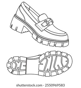 Women's Slip On Shoes Platform Thick Comfortable loafers Shoes Line art, Technical sketch hand drawing outline vector doodle side and bottom view isolated on white background for coloring page