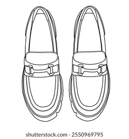 Slip On Shoes Plataforma Thick Confortable loafers Sapatos Line art, Esboço técnico mão desenho contorno vetor doodle top view isolado no fundo branco para colorir página