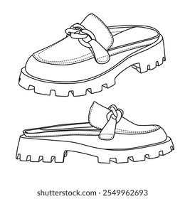 Slip-on belga Penny Loafers Sapatos Line art, esboço técnico mão desenho contorno vetor doodle lado isométrico 3D vista isolada no fundo branco para coloração página