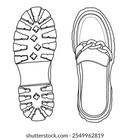 Slip-on belga Penny Loafers Sapatos Line arte, esboço técnico mão desenho contorno vetor doodle vista superior e inferior isolada no fundo branco para coloração página