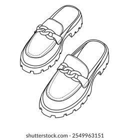 Slip-on belga Penny Loafers Sapatos Line arte, esboço técnico mão desenho esboço vetor doodle top 3D isométrica vista isolada no fundo branco para coloração página