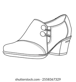 Women's Slip-On Loafer with button strap Shoes Line art, Technical sketch hand drawing outline vector doodle side isometric 3D view isolated on white background for coloring page