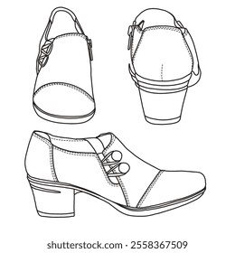 Women's Slip-On Loafer with button strap Shoes Line art, Technical sketch hand drawing outline vector doodle various view isolated on white background for coloring page