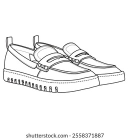 Women's Slip-on Loafer with strap Pairs Shoes Line art, Technical sketch hand drawing outline vector doodle side isometric view isolated on white background for coloring page