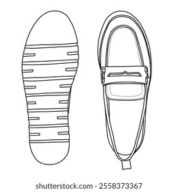 Women's Slip-on Loafer with strap Pairs Shoes Line art, Technical sketch hand drawing outline vector doodle top and bottom view isolated on white background for coloring page