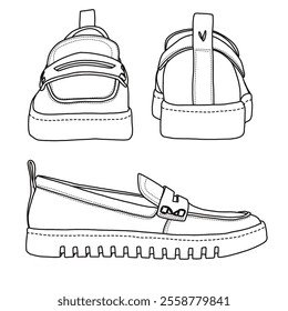 Women's Slip-on Loafer with strap Pairs Shoes Line art, Technical sketch hand drawing outline vector doodle side, front and rear view isolated on white background for coloring page