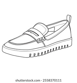 Women's Slip-on Loafer with strap Shoes Line art, Technical sketch hand drawing outline vector doodle side isometric view isolated on white background for coloring page