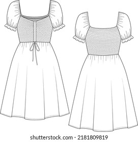 Women's Smocked Bodice Dress with Puff Sleeves Technical Flat Fashion CAD Illustration